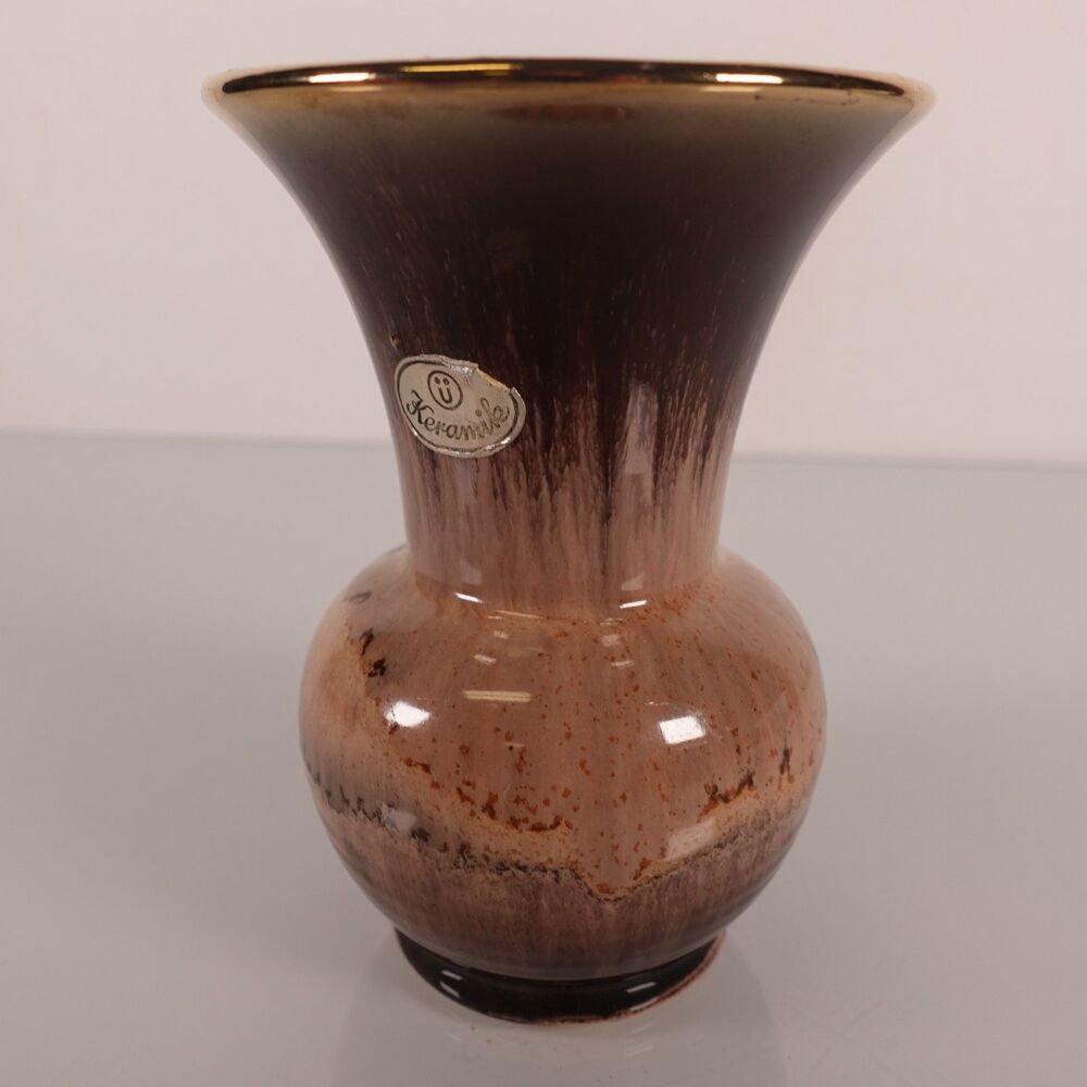Vintage Keramik Western Germany Drip Glaze Trumpet Neck Vase Brown Gold Rim 5"